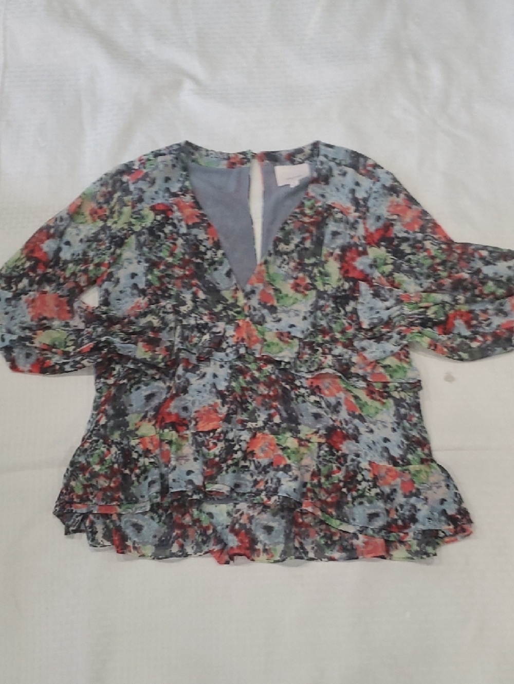cinq a sept Floral Abstract V-Neck Ruffle Long Sleeve Top - Coral, Green, Gray - Picture 11 of 16